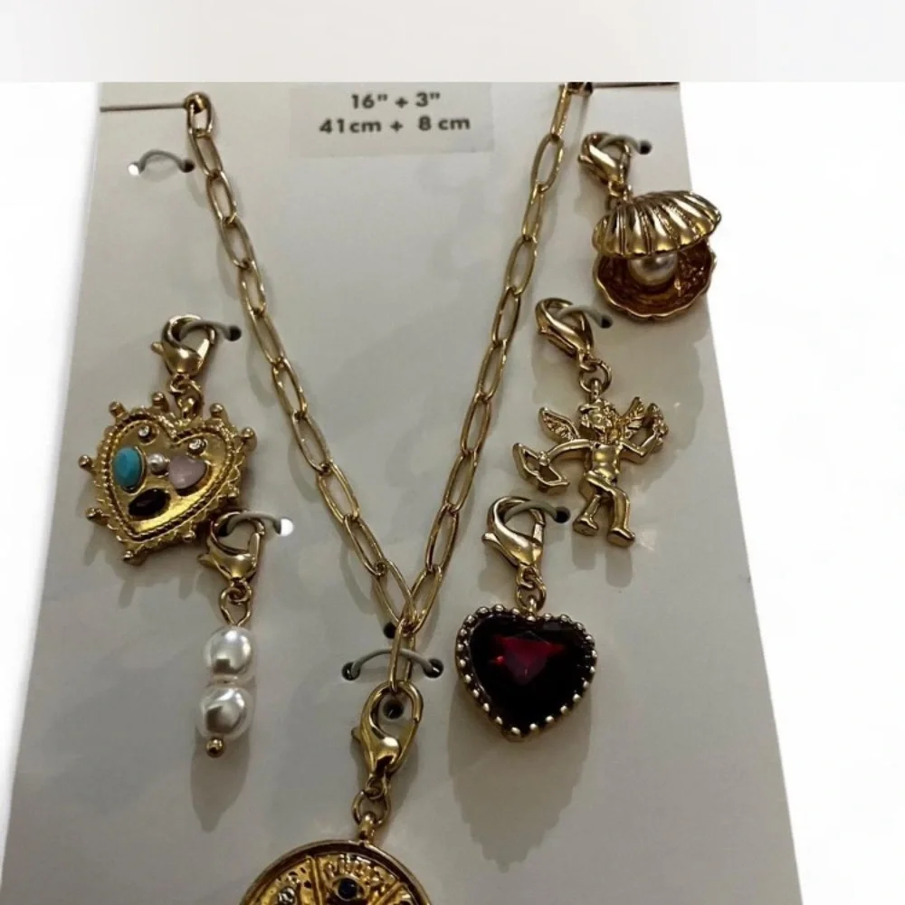 Claire's Gold Charm Necklace with Heart and Pearl Accents